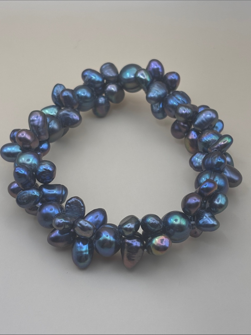 Iridescent Peacock Oil Slick Color Freshwater Pearl Cluster Stretch Bracelet